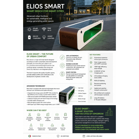 Išmanus suoliukas su saulės baterija, USB įkrovimu ir Smart City funkcijomis 'Elios Smart Bench'