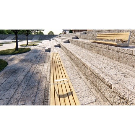 Metalinis suoliukas be atlošo, pagamintas iš Iroko medienos, tvirtinamas prie betoninių postamentų arba sienų 'Flow / 001259'