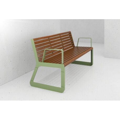 Panchina in metallo con schienale, realizzata in legno di Iroko 'Sido / 001604'