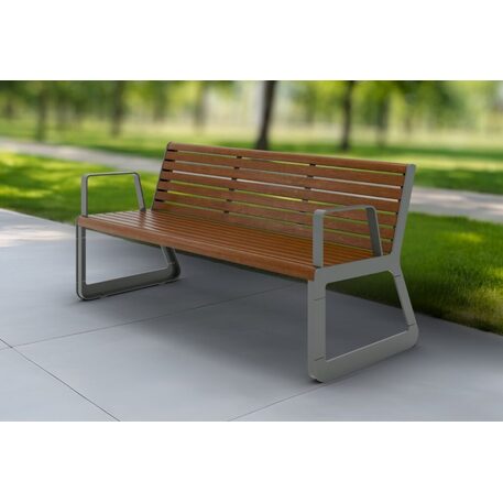 Panchina in metallo con schienale, realizzata in legno di Iroko 'Sido / 001604'