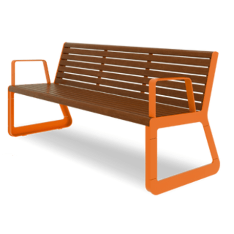 Panchina in metallo con schienale, realizzata in legno di Iroko 'Sido / 001604'