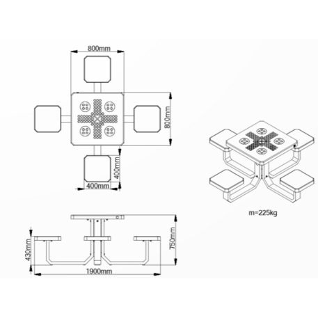 Betoninis šachmatų žaidimo stalas su keturiomis sėdimomis vietomis, šlifuotu terrazzo paviršiumi 'Premium / 190x190xH/75cm / BS-426'