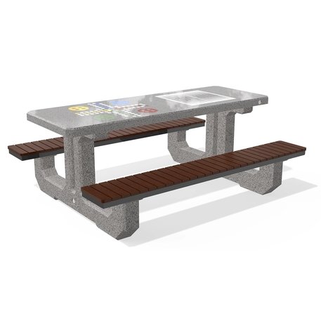 Betoninis šachmatų žaidimo stalas su suolais, šlifuotu terrazzo paviršiumi ir medinėmis sėdimomis dalimis 'Premium / 190x148xH/74cm / BS-221'