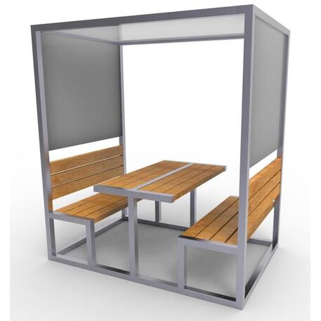 Metal pergola with benches and a picnic table made of iroko wood 'Premium Collection / STF/13-04-48/MDL'