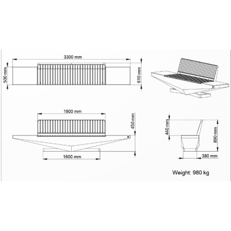 Betoninis suoliukas su natūralaus marmuro ir granito skaldos paviršiumi bei medine sėdima dalimi 'Premium / 330x61xH/89cm / BS-345'