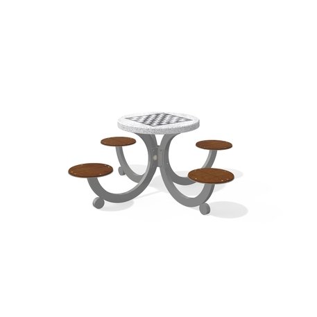 Betoninis šachmatų žaidimo stalas su keturiomis sėdimomis vietomis, šlifuotu terrazzo paviršiumi ir medinėmis sėdimomis dalimis 'Premium / 190x190xH/75cm / BS-422'