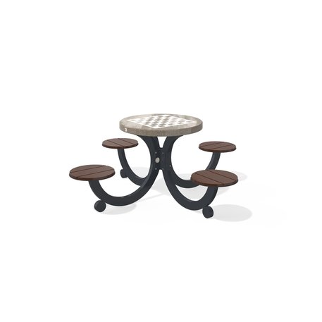 Betoninis šachmatų žaidimo stalas su keturiomis sėdimomis vietomis, šlifuotu terrazzo paviršiumi ir medinėmis sėdimomis dalimis 'Premium / 190x190xH/75cm / BS-422'