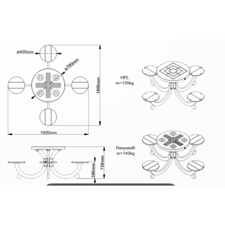 Betoninis šachmatų žaidimo stalas su keturiomis sėdimomis vietomis, šlifuotu terrazzo paviršiumi ir medinėmis sėdimomis dalimis 'Premium / 190x190xH/75cm / BS-422'