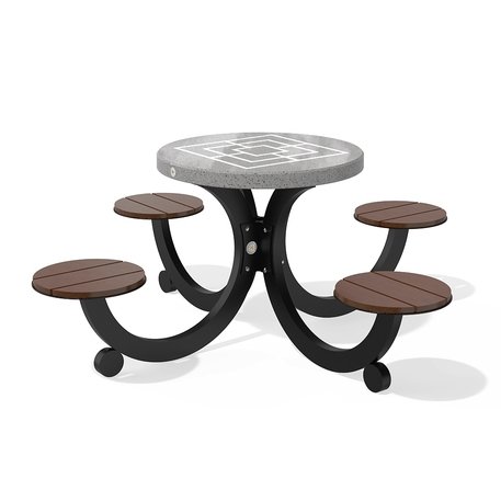 Betoninis šachmatų žaidimo stalas su keturiomis sėdimomis vietomis, šlifuotu terrazzo paviršiumi ir medinėmis sėdimomis dalimis 'Premium / 190x190xH/75cm / BS-422'