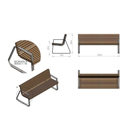 Металлическая скамейка со спинкой и деревянным сиденьем 'MBG/70-Dore / 180cm'