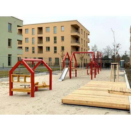 Moduliniai vaikų žaidimų aikštelių kompleksai 3–12 metų vaikams – kolekcija 'Frame / Ninja' MBG-Sand house 02585