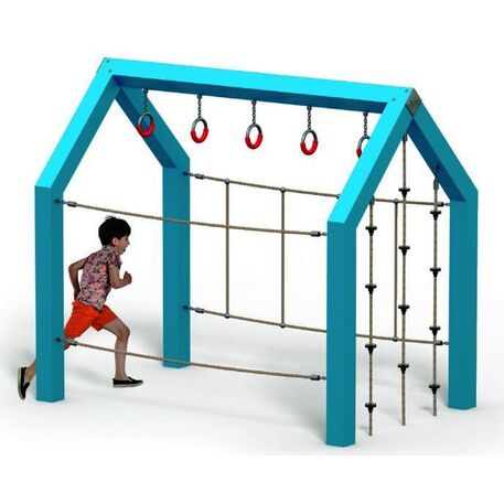 Moduliniai vaikų žaidimų aikštelių kompleksai 3–12 metų vaikams – kolekcija 'Frame / Ninja' MBG-Dangle house 02607