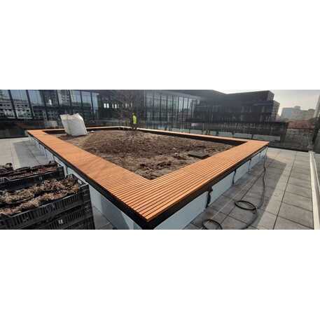 Concrete bench without backrest and with Iroko wood seating 'Premium Collection / STF/13-02-46_01/MDL'
