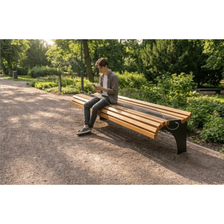 Metalinis miesto suolas be atlošo su Iroko mediena ir Smart City sistema 'Premium Collection / STF/20-02-46/MDL'