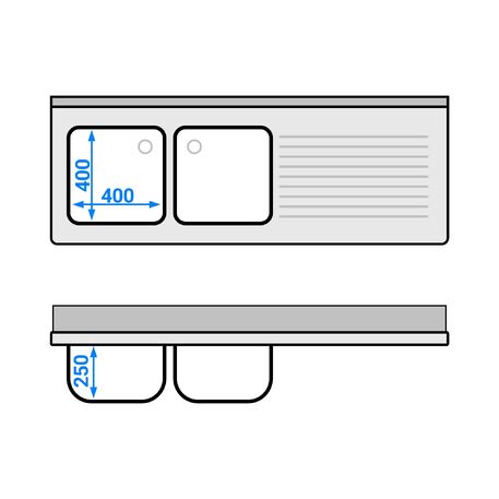 Tavolo in acciaio inox lungo 160cm con lavelli 2pz. (40x40x25cm) e un ripiano profondo 600mm