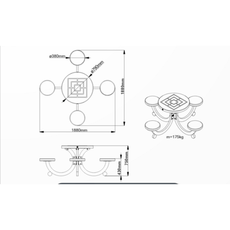Betoninis šachmatų žaidimo stalas su keturiomis sėdimomis vietomis, šlifuotu terrazzo paviršiumi 'Premium / 188x188xH/75cm / BS-429'