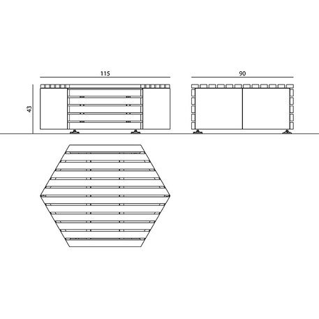Modulinis metalinis suolas (suoliukas) be atlošo, pagamintas iš Iroko medienos 'Hexie Urban design / 012144'