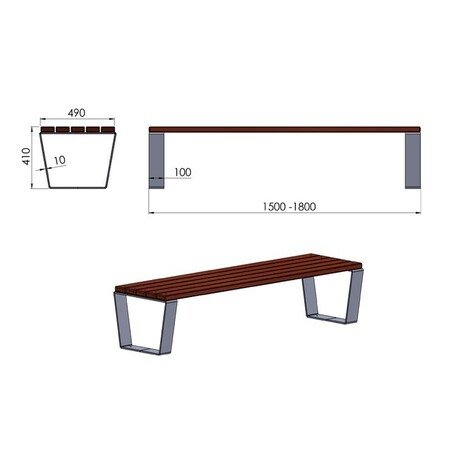 Металлическая скамейка без спинки с деревянным сиденьем 'MBG/81-Rosa I / 150-180cm'