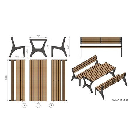Metal picnic table with benches and wooden seating surfaces 'MBG_155 / Picnic Set Oberon I'
