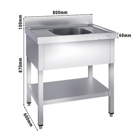 Edelstahltisch 0.8m lang mit Spüle (50x40x25cm) und Ablage, 600mm tief