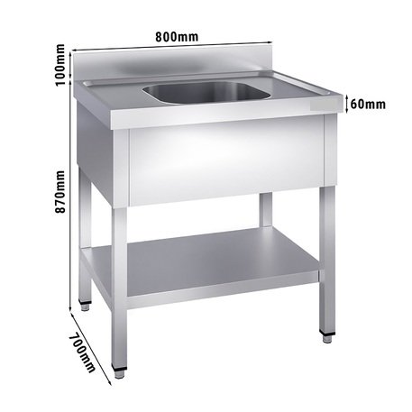 Edelstahltisch 0.8m lang mit Spüle (50x50x30cm) und Ablage, 700mm tief