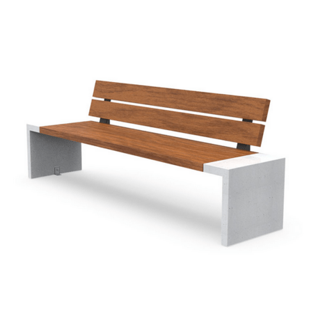 Concrete bench with backrest and Iroko wood seating 'Deva_Exotic Wood Iroko'