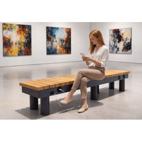 Metal bench without backrest made of Iroko wood 'Premium Collection / 230V/USB_STF/23-02-04MDL'