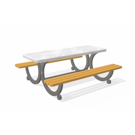 Betoninis pikniko stalas su suolais, šlifuotu terrazzo paviršiumi ir medinėmis sėdimomis dalimis 'Premium / 190x164xH/75cm / BS-417'
