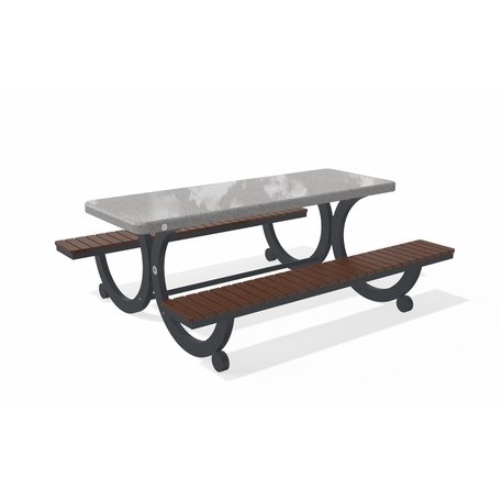 Betoninis pikniko stalas su suolais, šlifuotu terrazzo paviršiumi ir medinėmis sėdimomis dalimis 'Premium / 190x164xH/75cm / BS-417'