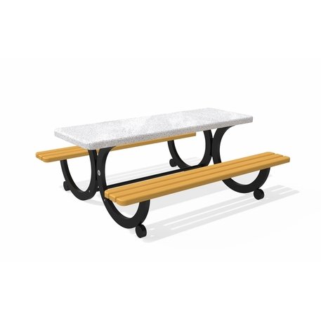 Betoninis pikniko stalas su suolais, šlifuotu terrazzo paviršiumi ir medinėmis sėdimomis dalimis 'Premium / 190x164xH/75cm / BS-417'