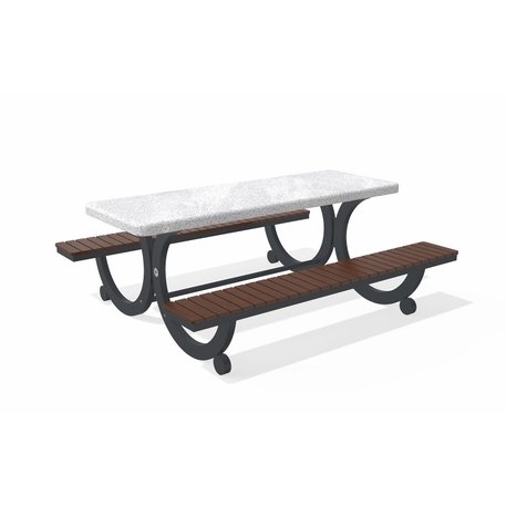 Betoninis pikniko stalas su suolais, šlifuotu terrazzo paviršiumi ir medinėmis sėdimomis dalimis 'Premium / 190x164xH/75cm / BS-417'