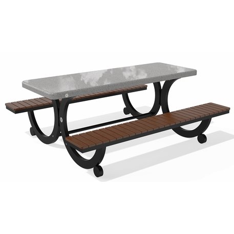 Betoninis pikniko stalas su suolais, šlifuotu terrazzo paviršiumi ir medinėmis sėdimomis dalimis 'Premium / 190x164xH/75cm / BS-417'