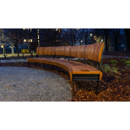 Lenktas arba tiesus metalinis suolas (suoliukas) su / be atlošo, pagamintas iš Iroko medienos 'Premium Collection / STF/26-04-17/MDL'