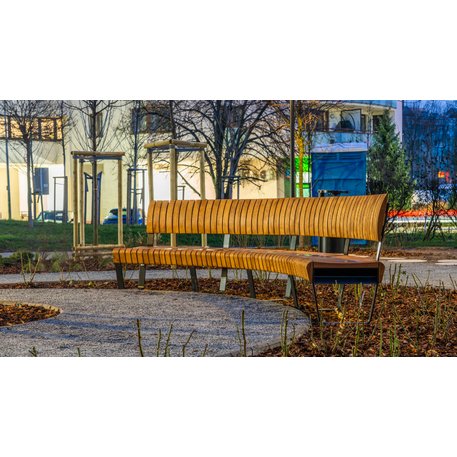 Lenktas arba tiesus metalinis suolas (suoliukas) su / be atlošo, pagamintas iš Iroko medienos 'Premium Collection / STF/26-04-17/MDL'