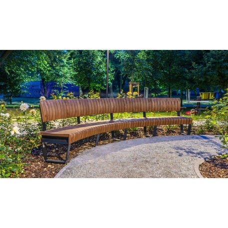 Lenktas arba tiesus metalinis suolas (suoliukas) su / be atlošo, pagamintas iš Iroko medienos 'Premium Collection / STF/26-04-17/MDL'