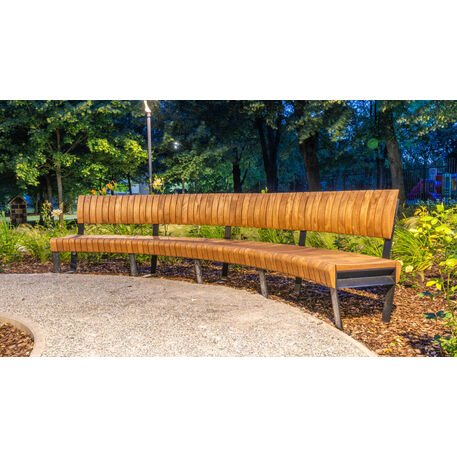 Lenktas arba tiesus metalinis suolas (suoliukas) su / be atlošo, pagamintas iš Iroko medienos 'Premium Collection / STF/26-04-17/MDL'