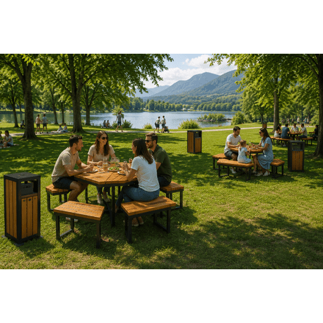 Metalinis pikniko stalas su suolais ir medinėmis sėdimomis dalimis 'MBG_257 / Picnic Set'