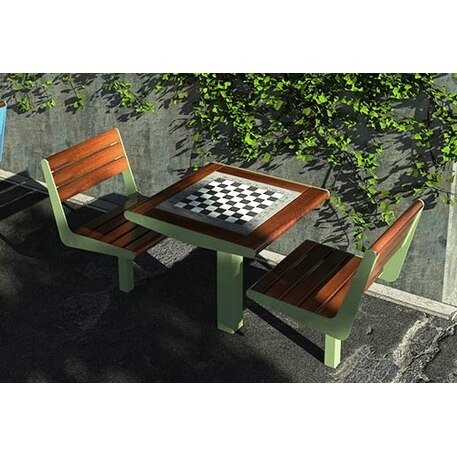 Metalinis šachmatų stalas su dviem sėdimomis kėdėmis su atlošu, pagamintomis iš Iroko medienos 'Premium / STF/002210/MDL'