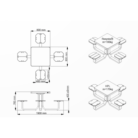 Betoninis pikniko stalas su keturiomis sėdimomis vietomis, šlifuotu terrazzo paviršiumi ir medinėmis sėdimomis dalimis 'Premium / 190x190xH/76cm / BS-425'