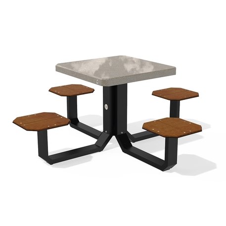 Betoninis pikniko stalas su keturiomis sėdimomis vietomis, šlifuotu terrazzo paviršiumi ir medinėmis sėdimomis dalimis 'Premium / 190x190xH/76cm / BS-425'
