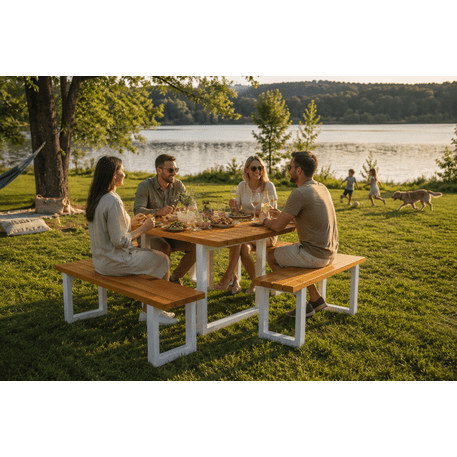 Metalinis pikniko stalas su suolais ir medinėmis sėdimomis dalimis 'MBG_258 / Picnic Set'