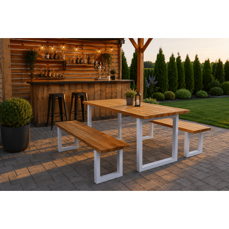Metalinis pikniko stalas su suolais ir medinėmis sėdimomis dalimis 'MBG_258 / Picnic Set'