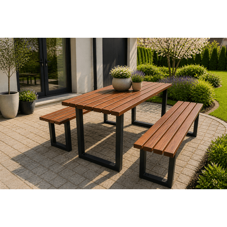 Metalinis pikniko stalas su suolais ir medinėmis sėdimomis dalimis 'MBG_258 / Picnic Set'