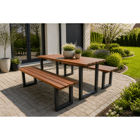 Metalinis pikniko stalas su suolais ir medinėmis sėdimomis dalimis 'MBG_258 / Picnic Set'
