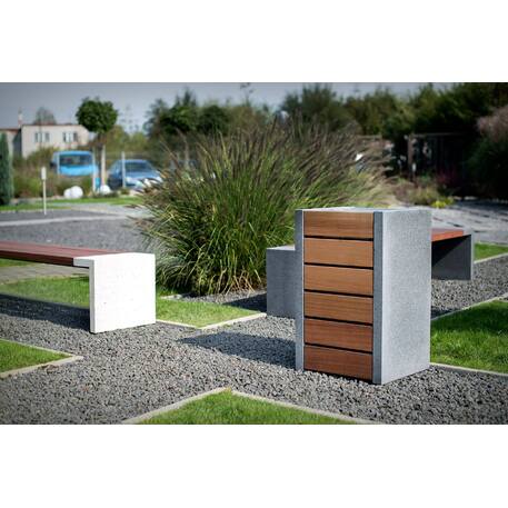 Concrete bench without backrest and with Iroko wood seating 'Deva_Exotic Wood IROKO'