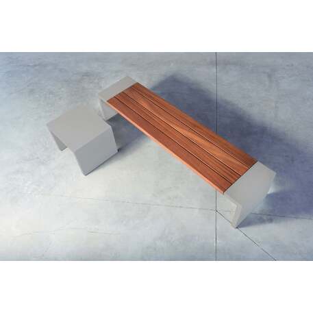 Concrete bench without backrest and with Iroko wood seating 'Deva_Exotic Wood IROKO'