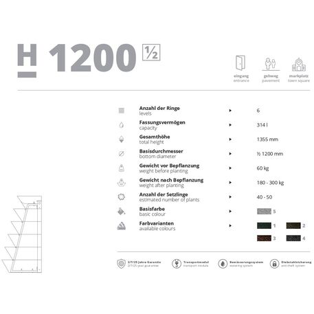 Metaliniai lauko vazonai miestams su drenažo sistema 'H-1200mm_1/2 / 6vnt.' 