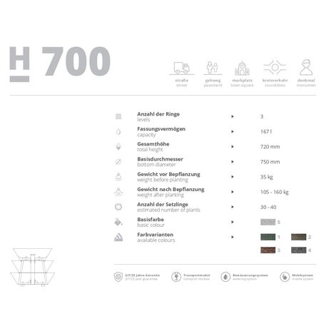 Metaliniai lauko vazonai miestams su drenažo sistema 'H-700mm / 3vnt.' 