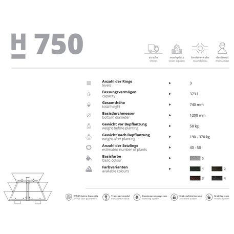 Metaliniai lauko vazonai miestams su drenažo sistema 'H-750mm / 3vnt.' 