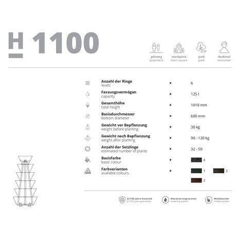 Metaliniai lauko vazonai miestams su drenažo sistema 'H-1100mm / 6vnt.' 